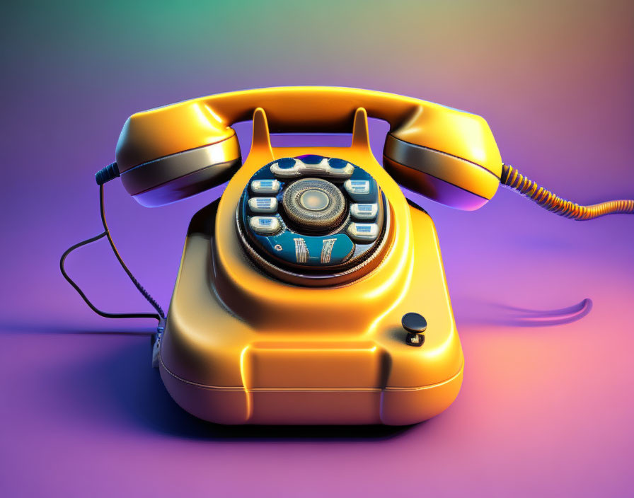 Vintage Rotary Telephone on Glossy Golden Finish & Gradient Purple-Blue Background