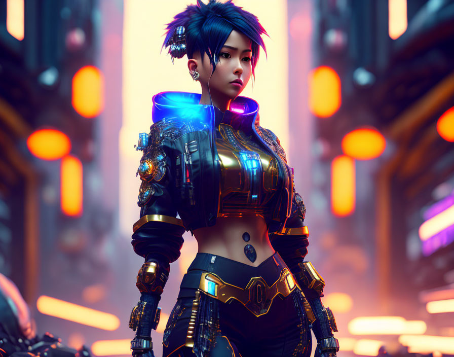 Futuristic female character with cybernetic arm in blue outfit on neon background