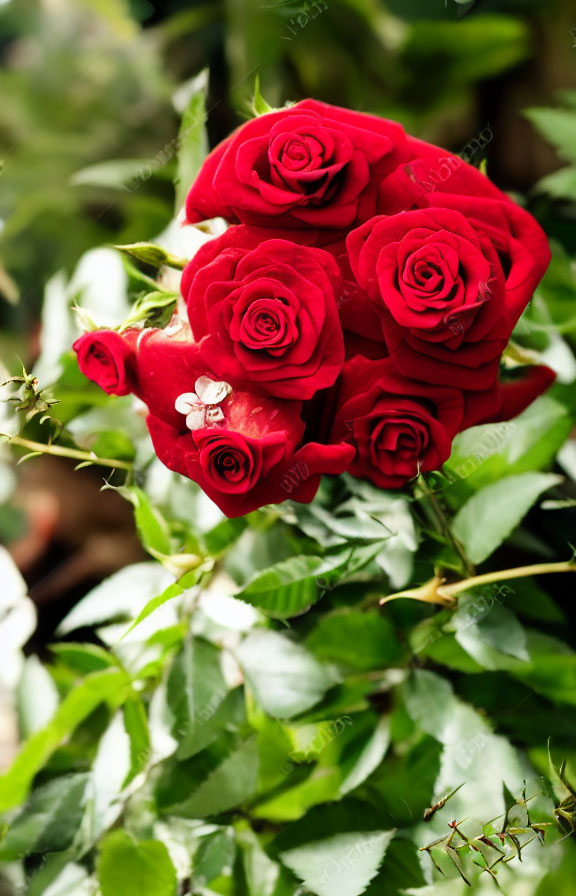 Red Roses Bouquet with Green Leaves and White Spider