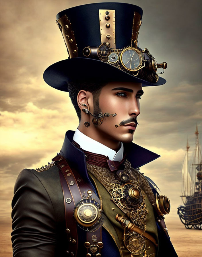 Steampunk-themed man in top hat with naval jacket and ship in background