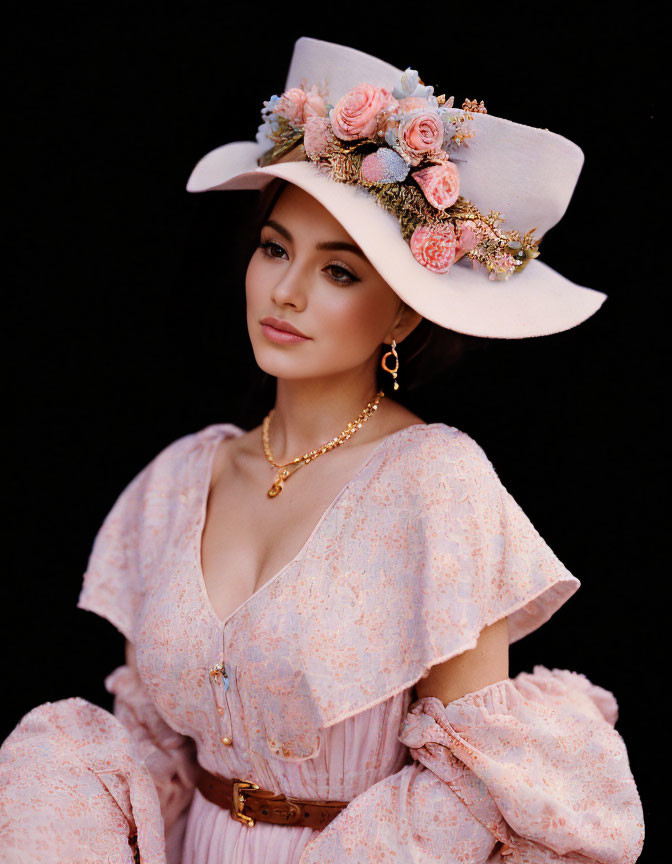 Vintage-style Dress with Puffed Sleeves and Floral Hat Portrait