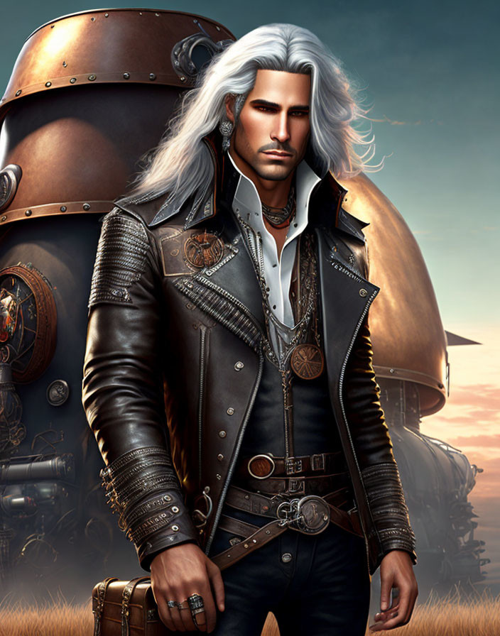 Detailed Steampunk Digital Artwork with Man in Leather Jacket