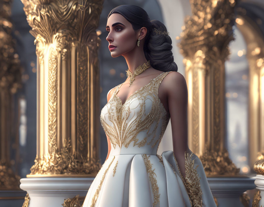 Luxurious White and Gold Gown in Grand Hall