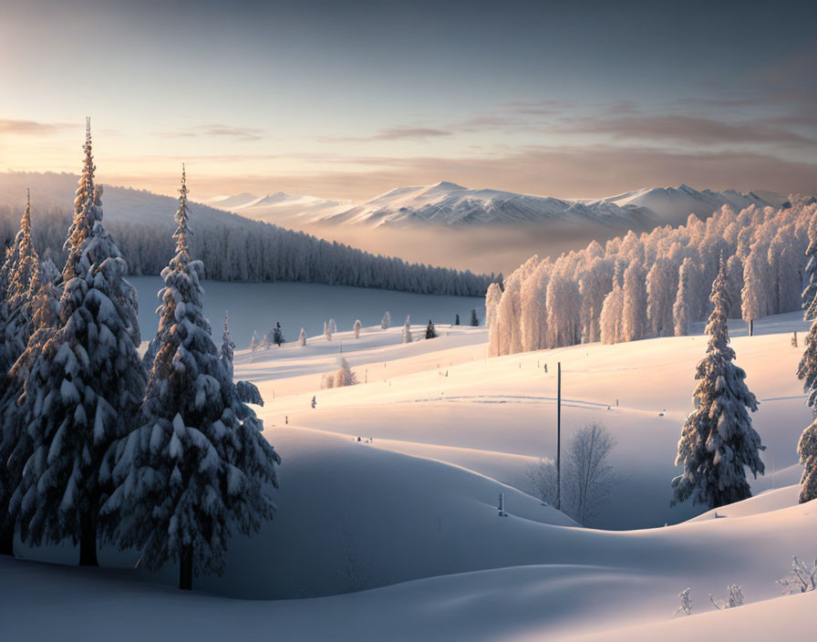 Winter Landscape: Snow-covered Trees and Fields under Pastel Sky