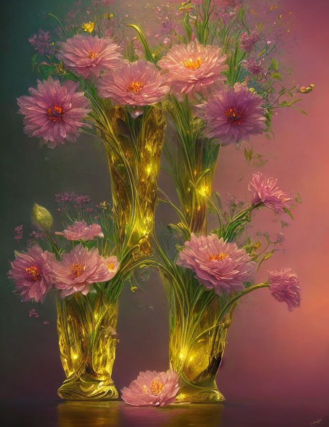 Pink Flowers Bouquet in Translucent Golden Vase on Gradient Background