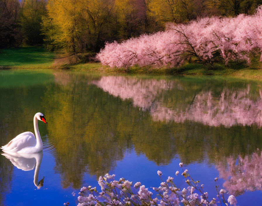 Tranquil lake scene with swan, pink trees, and blue sky