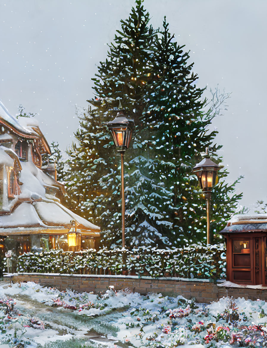 Winter Wonderland: Snow-covered Christmas scene with glowing tree and lights