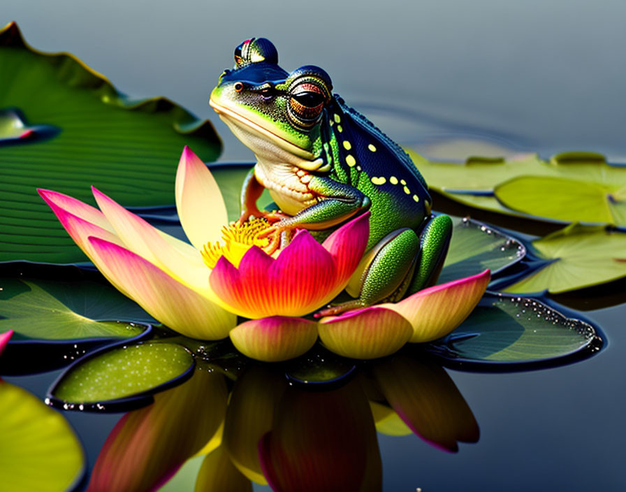 Colorful Frog on Pink Lotus Flower Surrounded by Green Lily Pads