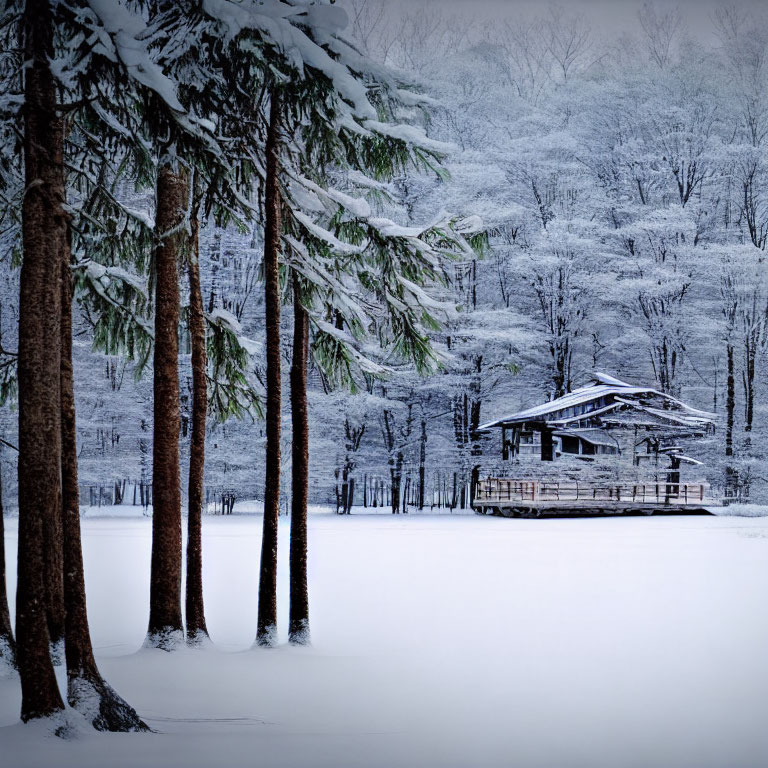 Snow-covered trees and wooden gazebo in serene winter forest