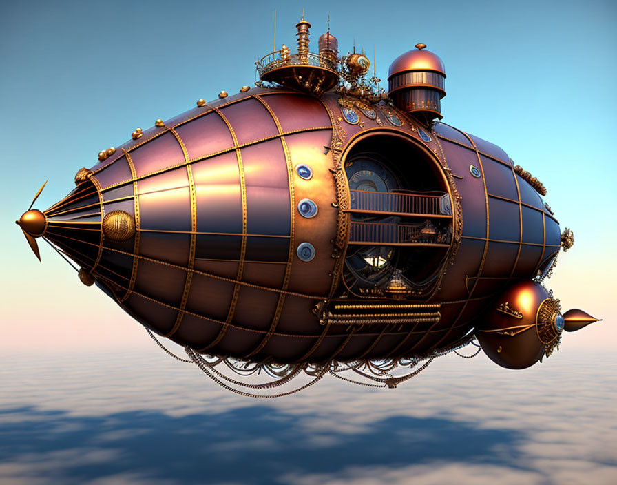 Steampunk-style airship with brass and copper tones and propellers against sunset sky