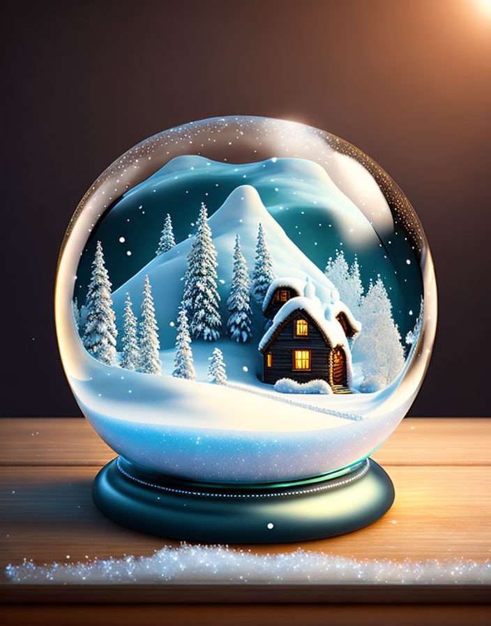 Snow globe with cozy cabin in snowy landscape