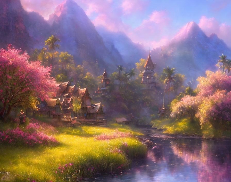 Tranquil fantasy village with thatched-roof houses, pink trees, greenery, and mist