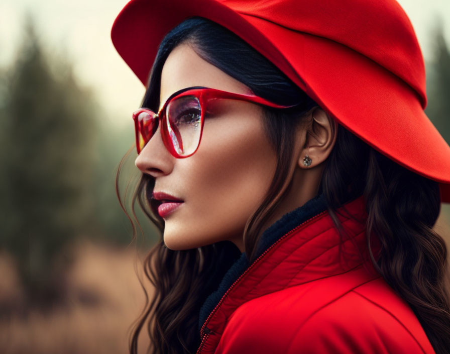 Woman in Red Glasses and Hat with Matching Jacket in Nature Scene