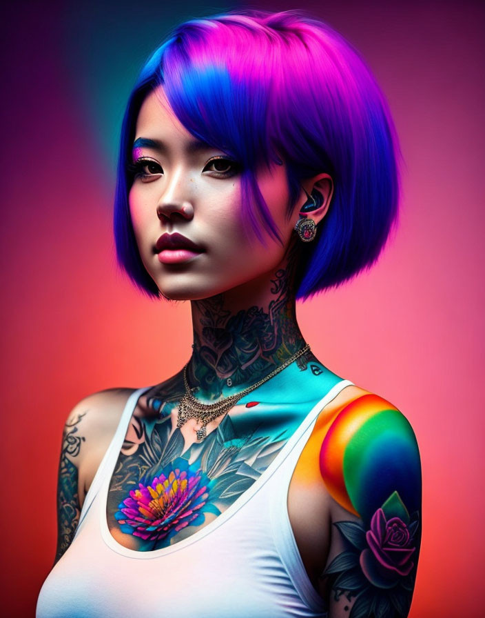 Colorful image of woman with blue and purple hair, tattoos, and piercings