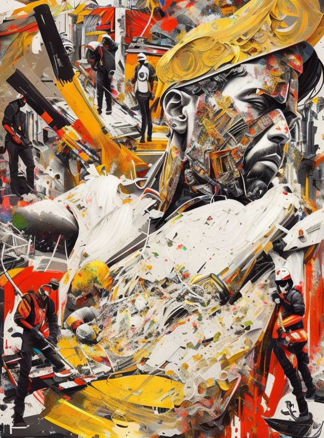 Abstract collage with central male figure in red, black, white, and yellow hues