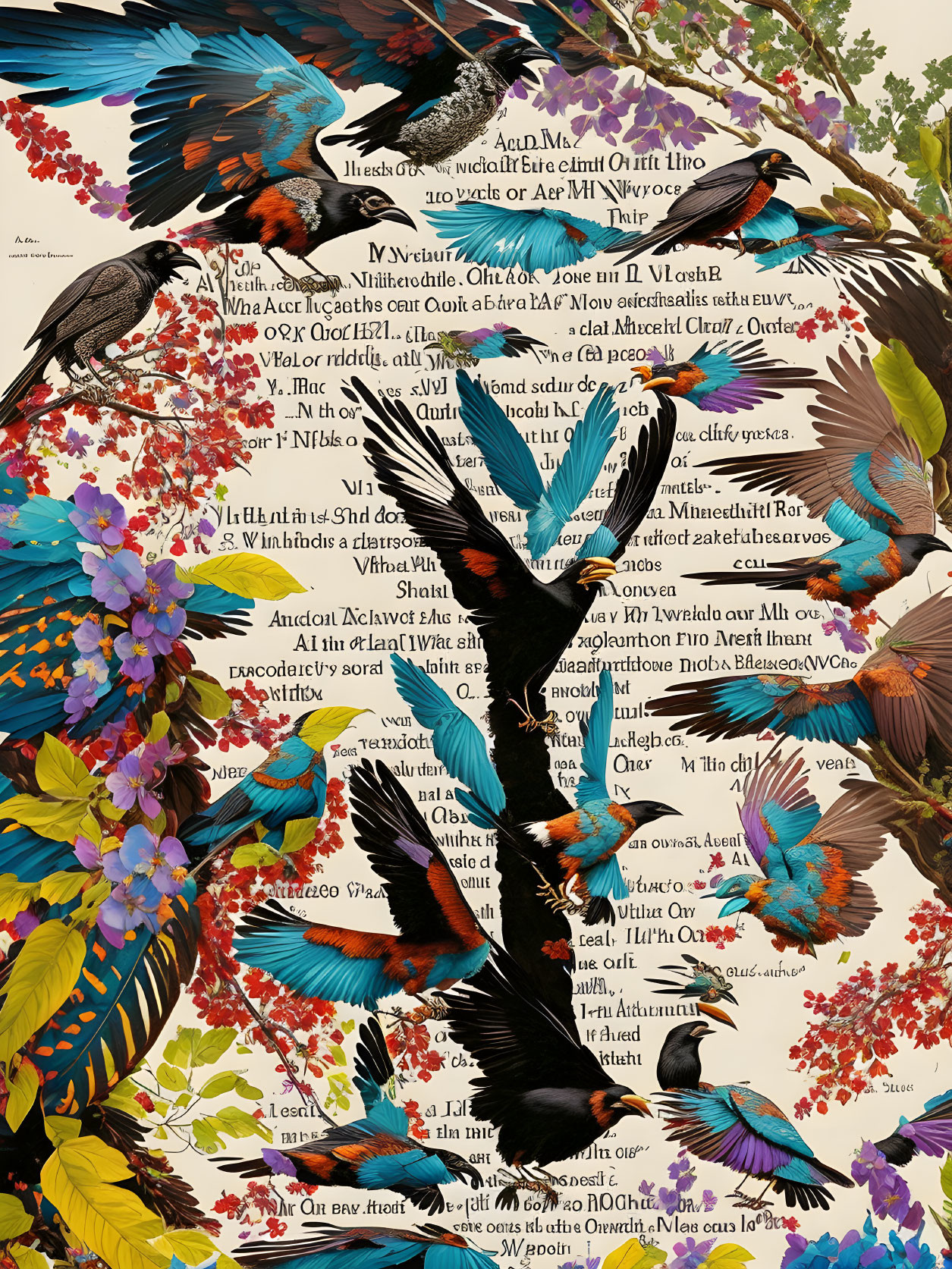 Colorful birds integrated with written text for vibrant contrast