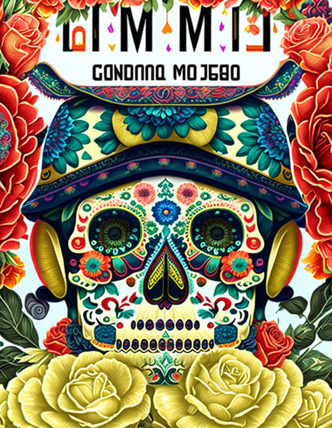 Colorful Day of the Dead Skull with Floral Motifs