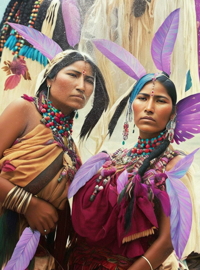 Colorful tribal attire: Two women in feather headdresses and bead necklaces.