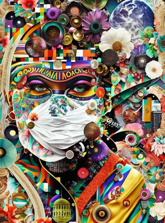 Collage-style image of person in patterned mask with flowers and celestial motifs