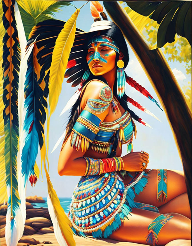 Illustration: Woman in Native American attire under palm trees