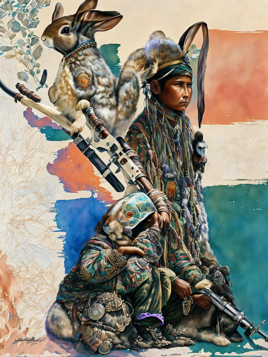 Native American warrior with rifle and rabbit spirit guide portrait.