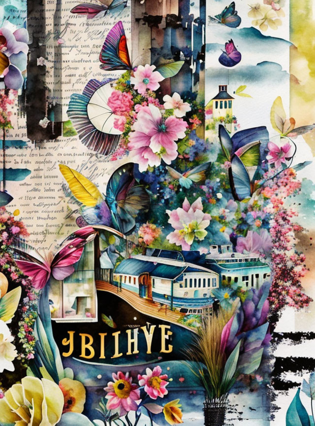 Colorful Watercolor Collage: Butterflies, Florals, Boat, Buildings, Cursive Script