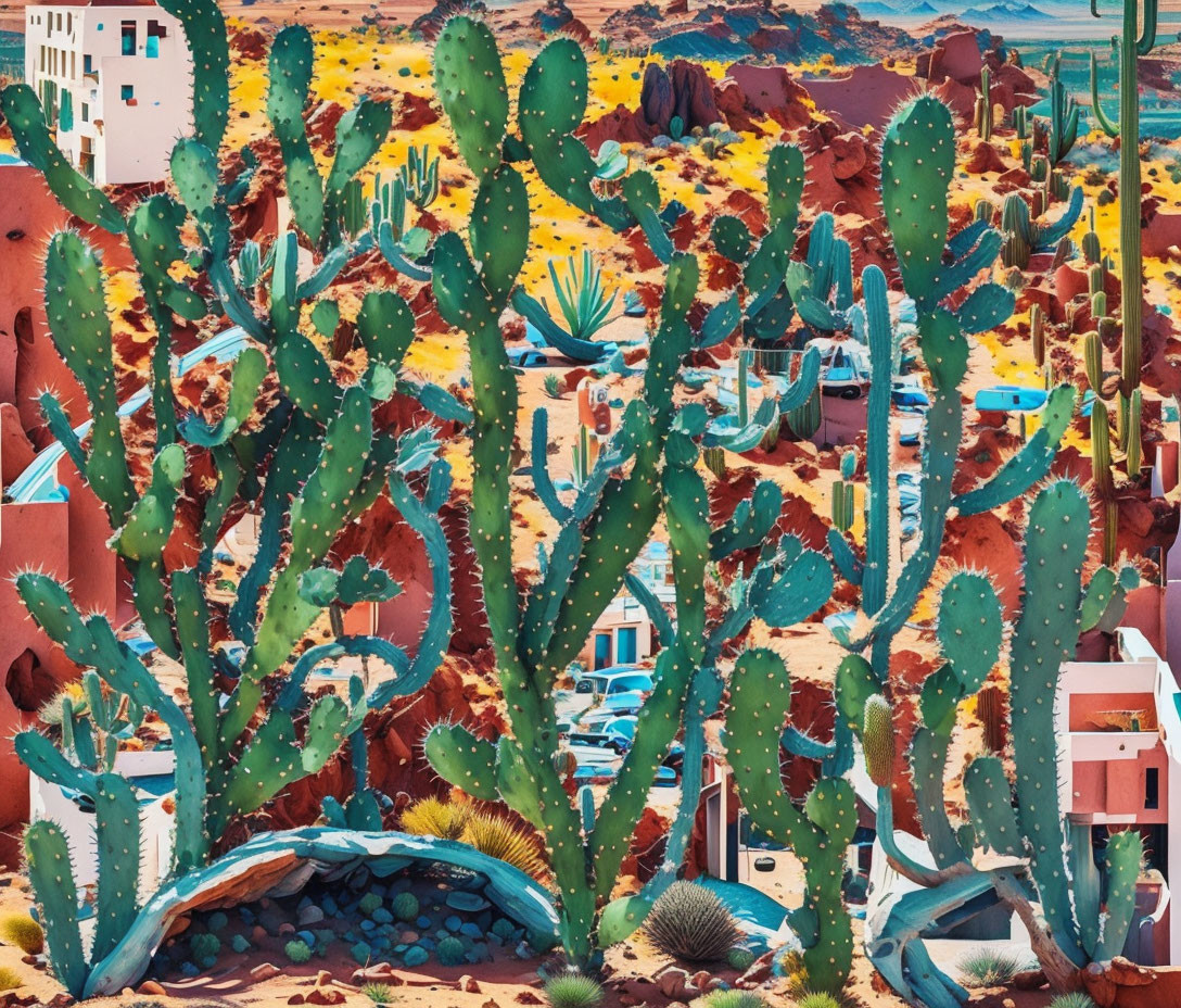 Colorful desert scene with cacti and houses under clear sky