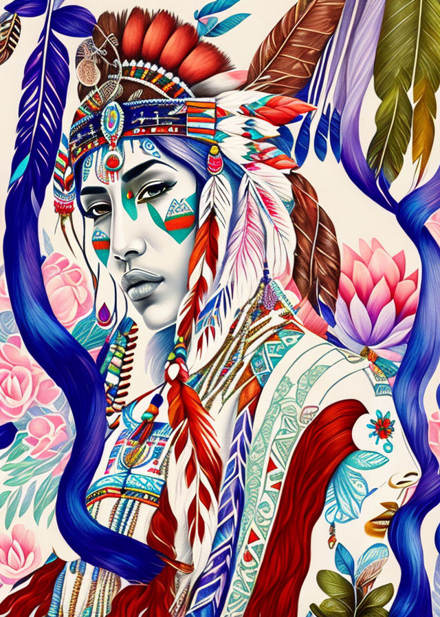 Person in Native American headdress with face paint and feathers among floral patterns