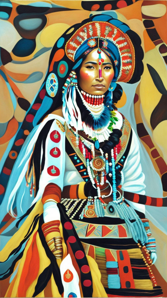 Vibrant Native American woman painting with colorful beads and feathers