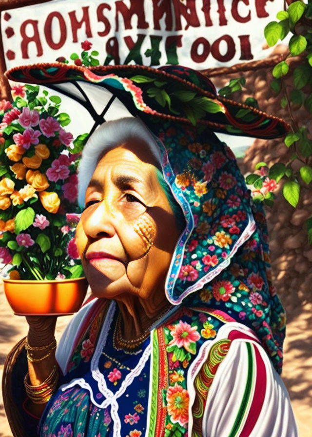 Elderly woman in floral outfit holding golden urn with inverted text banner