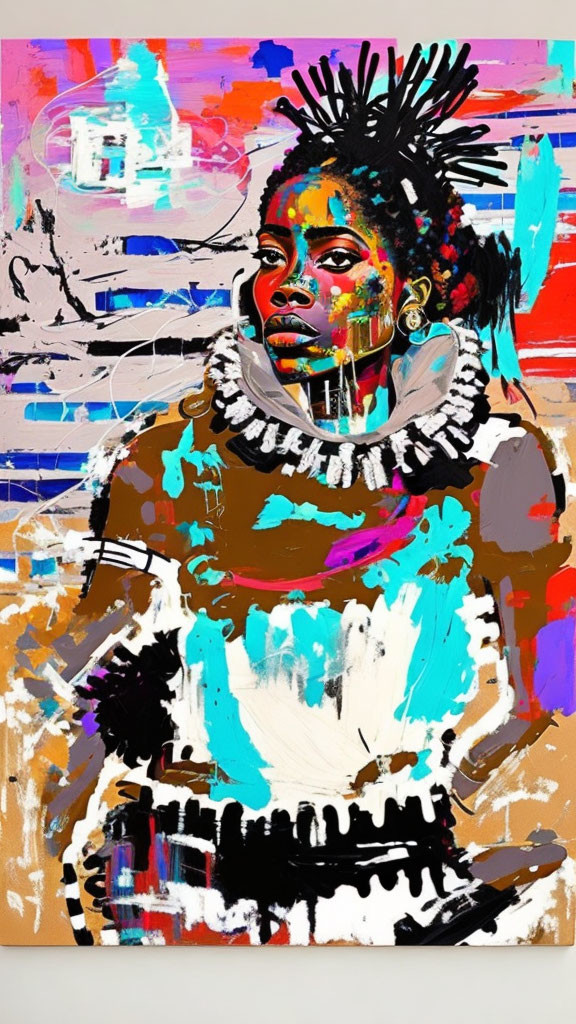 Colorful abstract painting: Woman with face paint & dynamic brush strokes