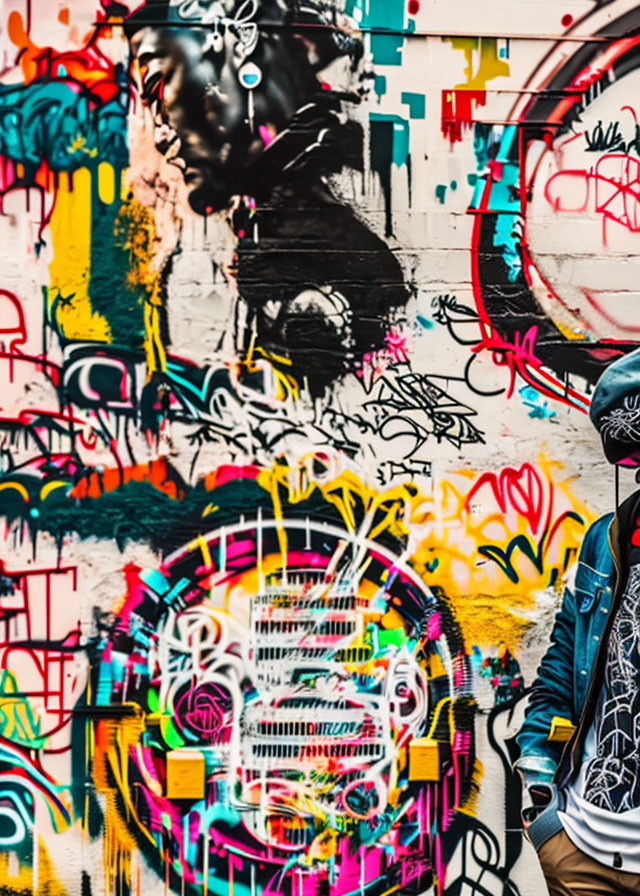 Colorful abstract graffiti wall with tags and patterns, person in cap on edge