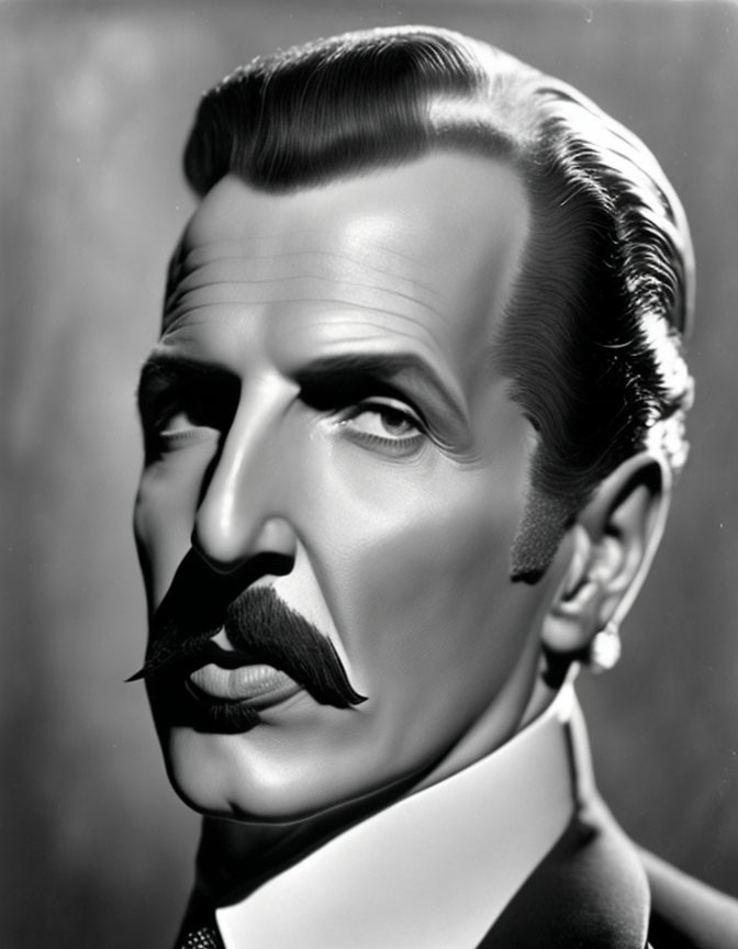 Vintage monochrome portrait of a man with a mustache and slicked-back hair in a sharp suit