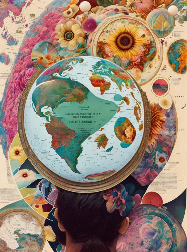 Person admiring vibrant collage of world maps and botanical illustrations