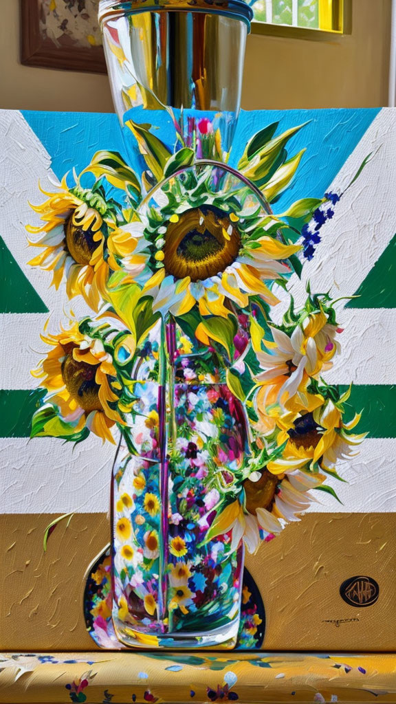 Colorful Sunflower Bouquet Painting on Geometric Background