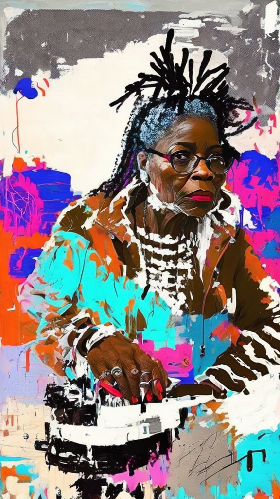 Vibrant portrait of contemplative woman with glasses and intricate hair on abstract backdrop