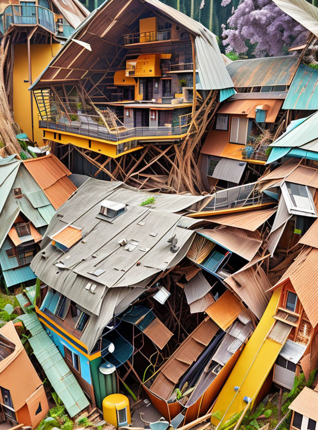 Unique Architectural Structure with Warped Metal Roofs in Yellow and Brown