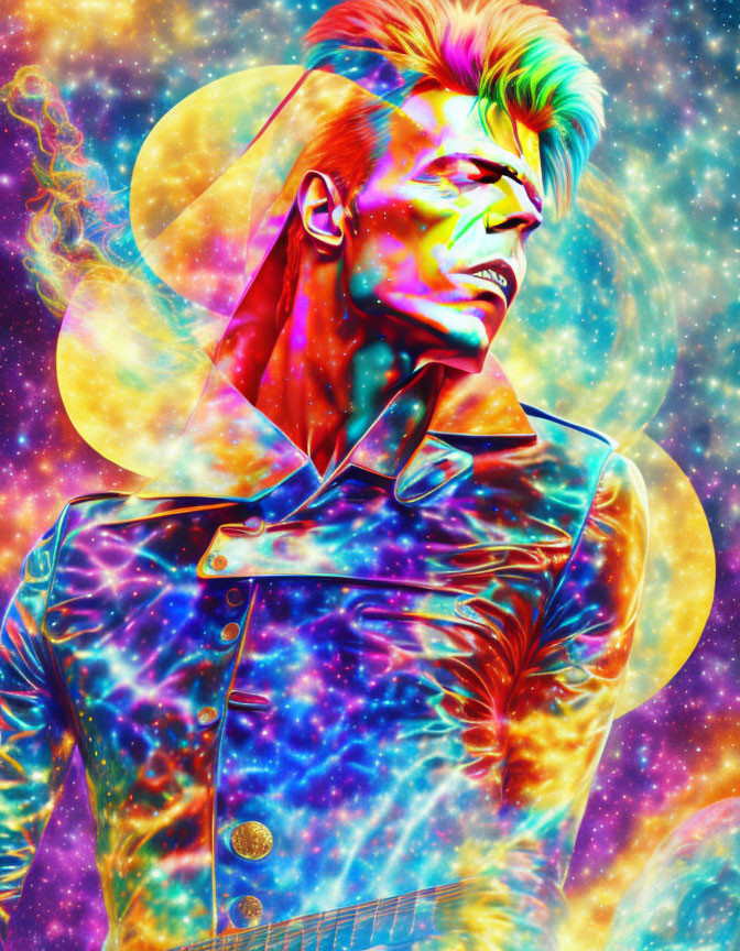 Colorful cosmic-themed artwork with stylized man and vibrant space background