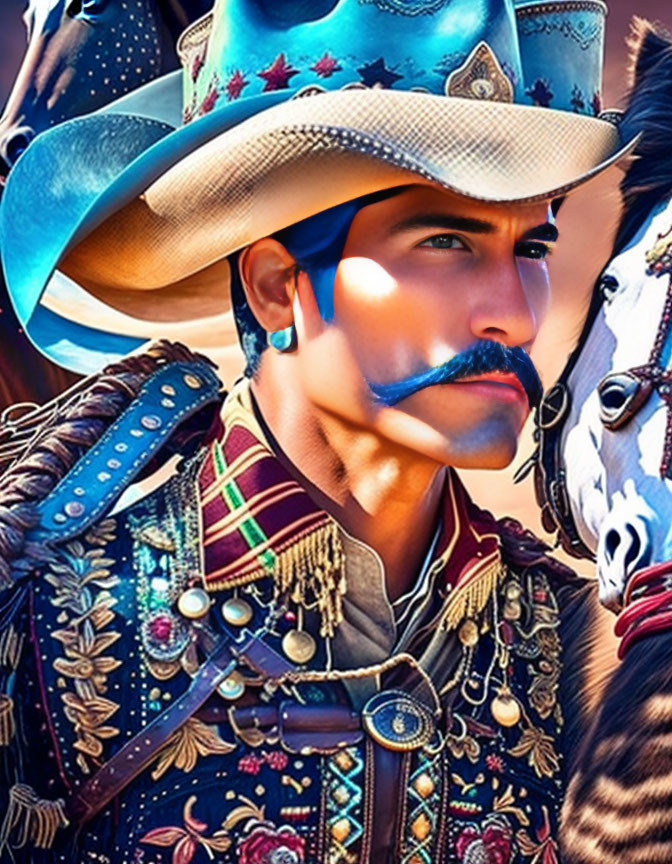 Man in Decorated Cowboy Outfit Standing with Horse in Vibrant Gear