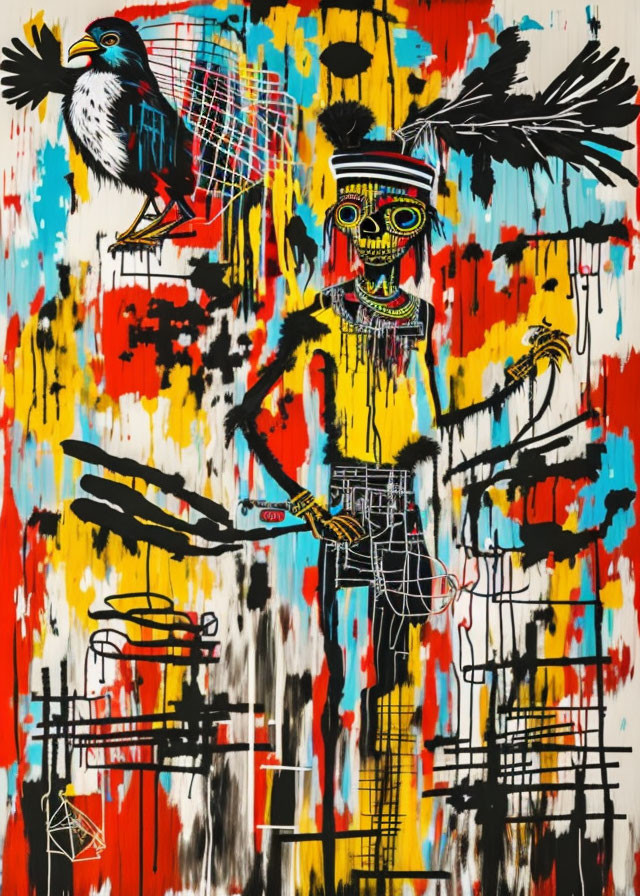 Vibrant abstract art: skeletal figure with skull face and feathers in colorful graffiti backdrop