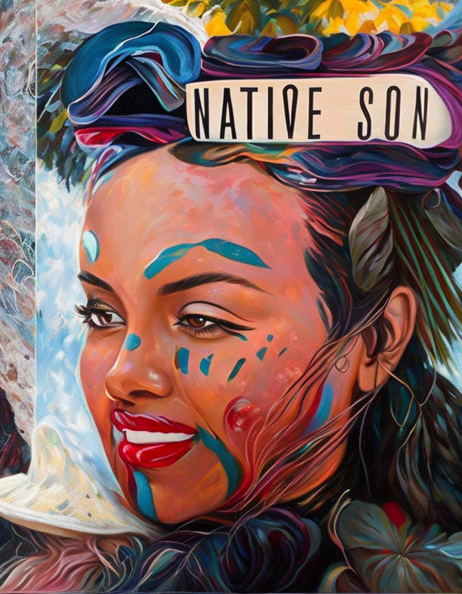 Colorful portrait of a woman with face paint and feathers, "NATIVE SON" above.