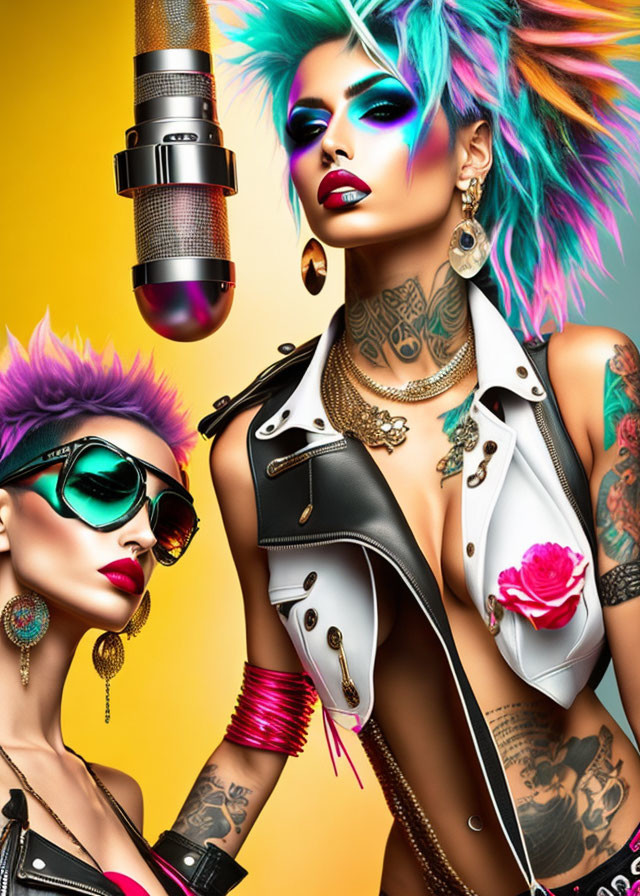 Vibrant punk-inspired hair and makeup models with edgy accessories and tattoos on yellow background