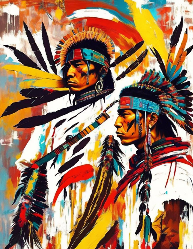 Native American figures with feather headdresses on colorful background