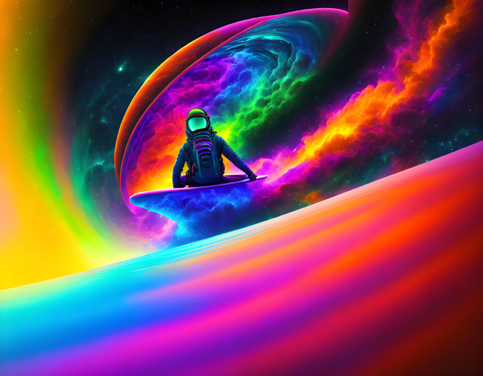 Digital artwork: Astronaut on curved surface in cosmic scene