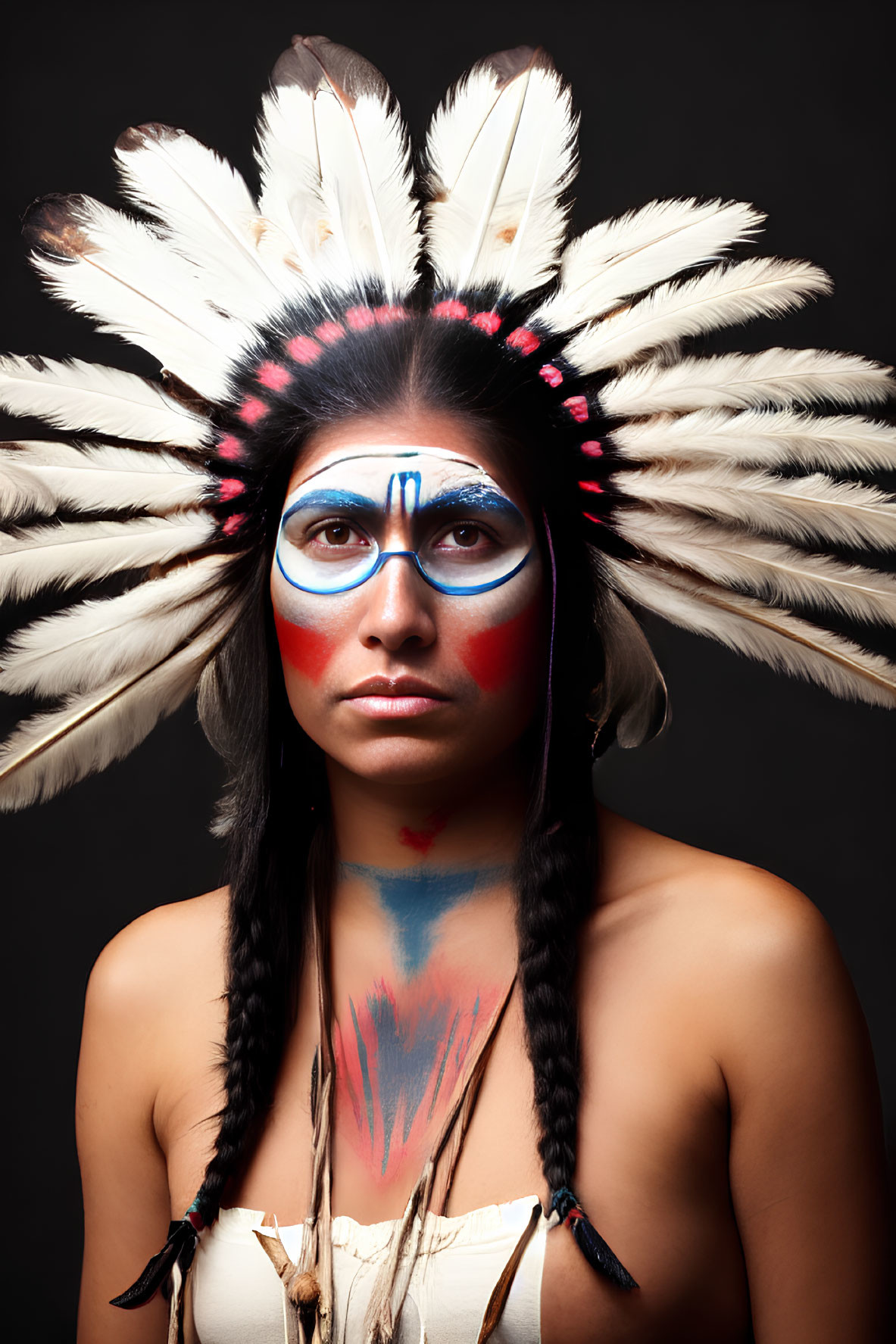 Traditional Native American aesthetic: Person in feathered headdress and face paint.