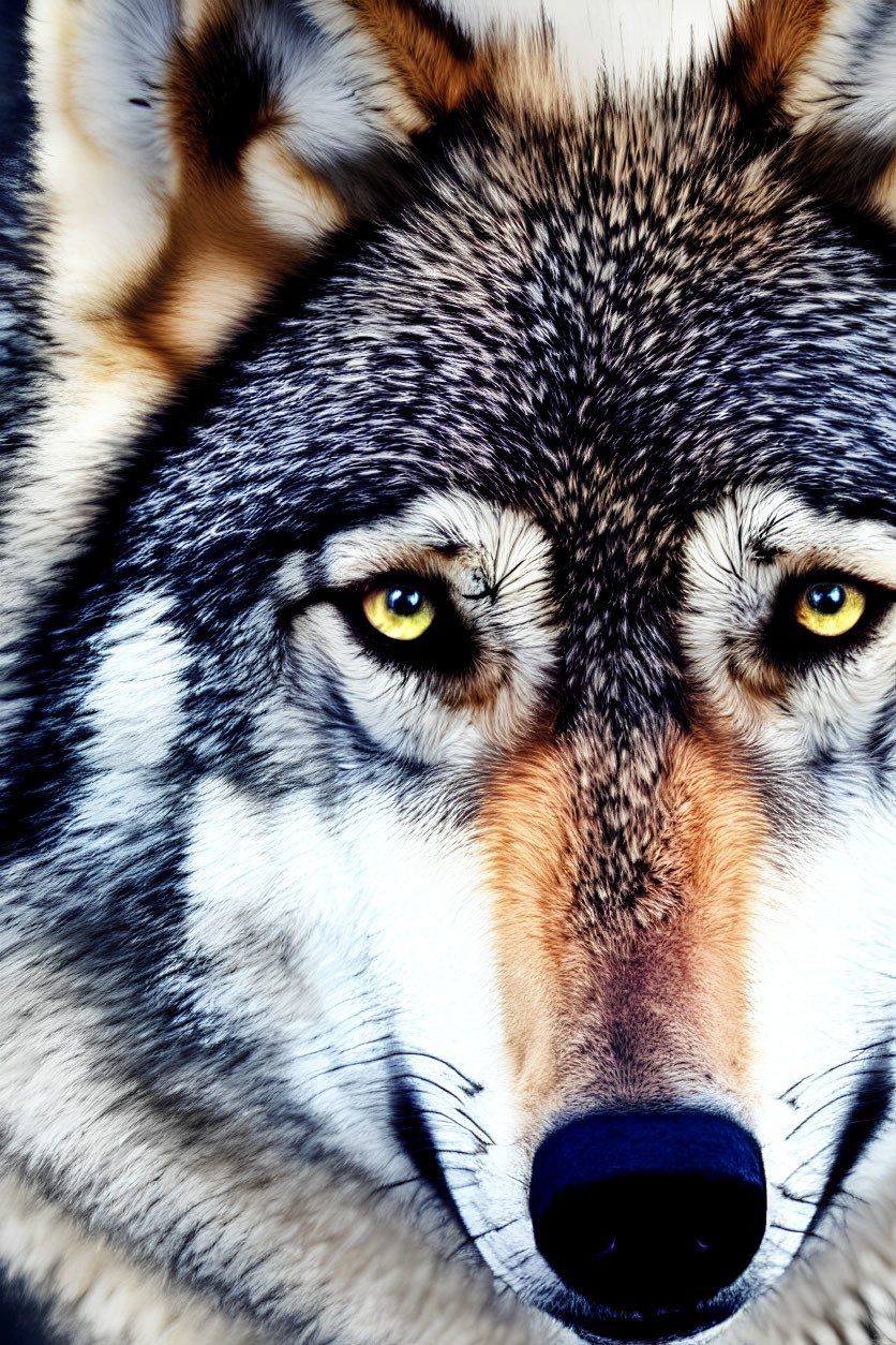 Detailed Close-Up of Wolf with Yellow Eyes & Grey Fur