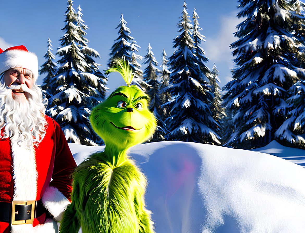 Festive Santa Claus and Grinch in snowy forest scene