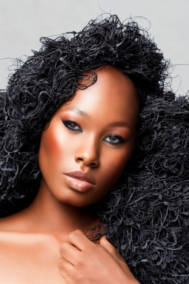 Striking makeup and black textured headpiece portrait on light background