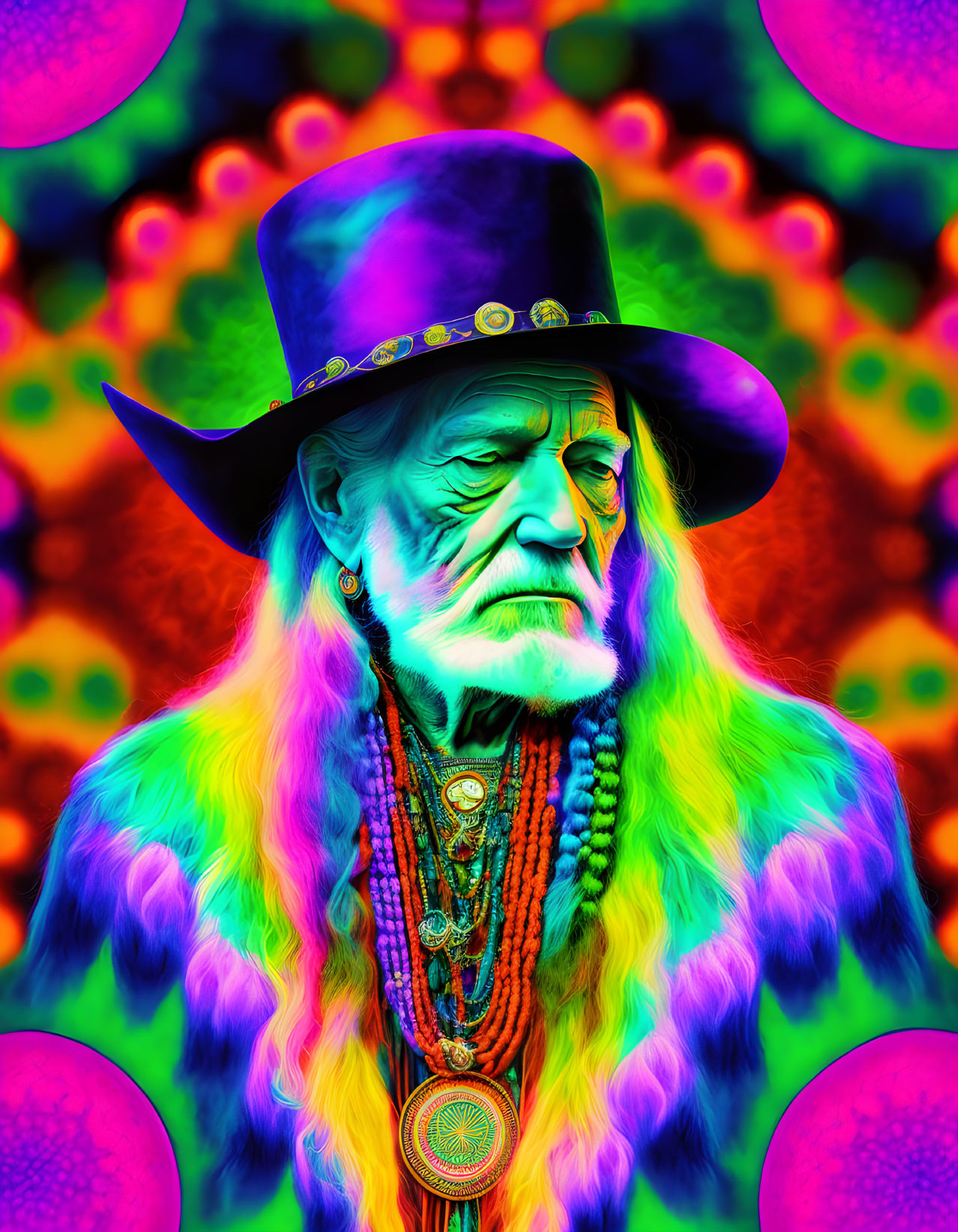 Elderly man in colorful attire against vibrant background