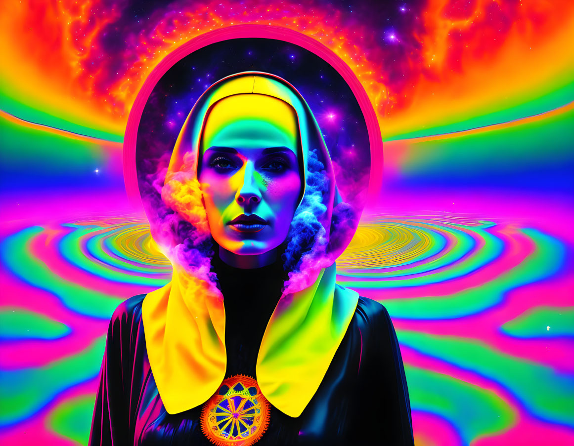 Colorful digital artwork of woman with halo in psychedelic theme